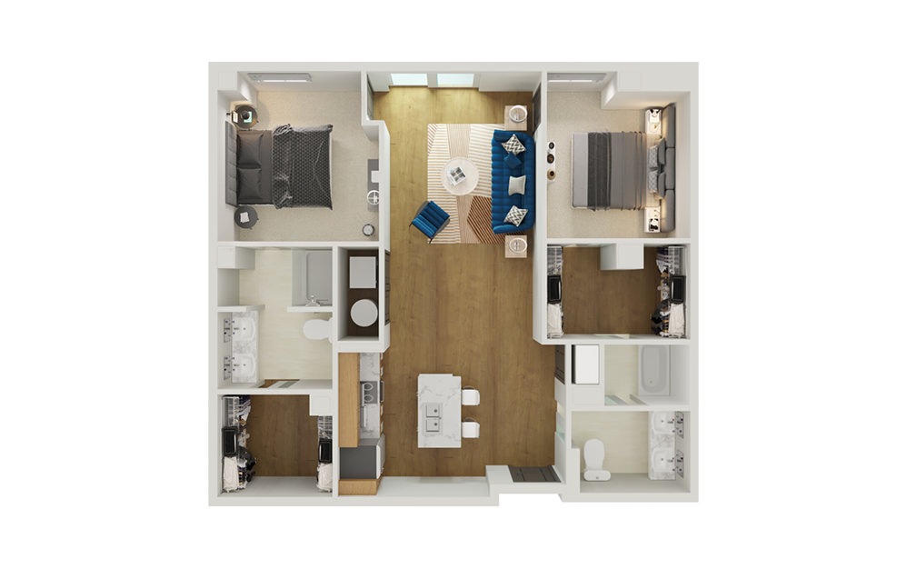 Type 3B - 2 bedroom floorplan layout with 2 bathrooms and 1221 square feet