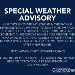 Our thoughts are with those impacted by Hurricane Idalia. We recommend visiting the FEMA website which is a great source of information on what to do before, during, and after weather events like hurricanes: https://www.ready.gov/hurricanes. Please be on the lookout for additional updates here or contact our resident hotline at 814-914-8099. 
Acompañamos a los afectados por Huracán Idalia. Le recomendamos visitar el sitio web de FEMA, en donde encontrará información sobre qué hacer antes, durante ... Instagram post from @overlookatriverplace on August 30, 2023 19:00:15pm