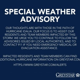 Our thoughts are with those impacted by Hurricane Idalia. Our focus is to assist our residents and team members. We urge you to continue to follow advisories issued by local authorities, and to contact 911 if you need emergency medical or evacuation assistance. Impacted residents and team members can find additional information on Greystar.com: https://www.greystar.com/alerts. 
Acompañamos a aquellas personas afectadas por Huracán Idalia. Actualmente, nuestras tareas se centran en asistir a nuestros ... Instagram post from @overlookatriverplace on August 31, 2023 07:00:18am